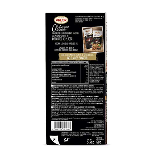 Chocolates Valor - Chocolate 70% Cacao, con Mousse de Naranja, Sin Azúcar, 150gr