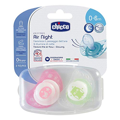 Chupete Chico Day & Night Girl Newborn de silicona suave, 0 – 6 meses, incluye 3 cajas de transporte esterilizadas, fabricado en Italia, sin BPA