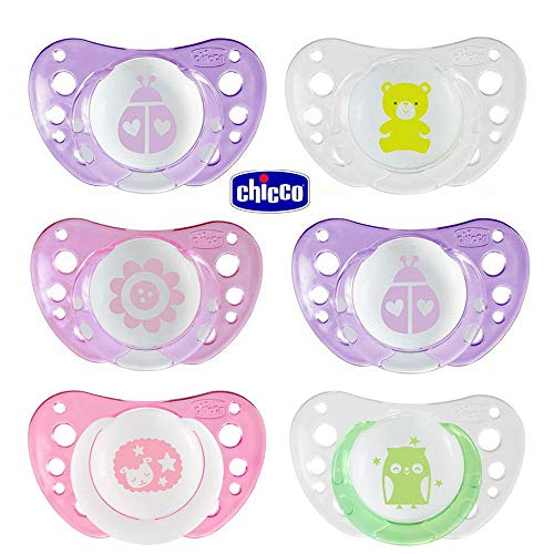 Chupete Chico Day & Night Girl Newborn de silicona suave, 0 – 6 meses, incluye 3 cajas de transporte esterilizadas, fabricado en Italia, sin BPA