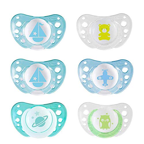Chupete silicona Chicco Day & Night Boys Newborn, 0 – 6 meses, incluye 3 cajas de transporte esterilizadas, fabricado en Italia, sin BPA