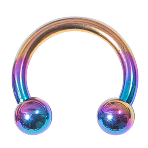Circular de titanio pesas CBB colgante con forma de herradura. 1,2 mm de gran calibre 8 mm diámetro interno de 3 mm pelotas. Metal de arco iris. Good para borde de, ceja, nariz, con cara sonriente, la oreja o para el, rook, daith, helix, snug anti-helix, 