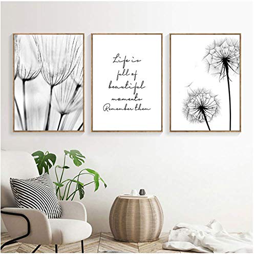 Cita de lienzo Lámina en blanco y negro Imágenes de diente de león Pintura nórdica de diente de león Cartel Arte de pared Dormitorio 50x70cm Sin marco Diente de león