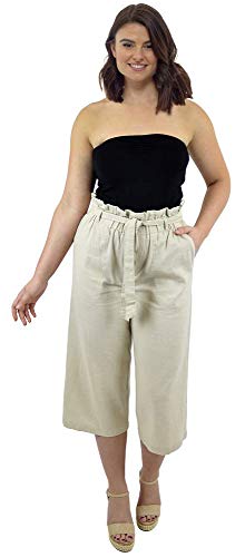 CityComfort Pantalones de Lino para el Verano, 3/4 de Longitud | Pantalón de Traje de Fiesta para Mujeres | Cintura Alta a la Moda con Lazo y Pliegues | Tamaños Variados (48, Beige)