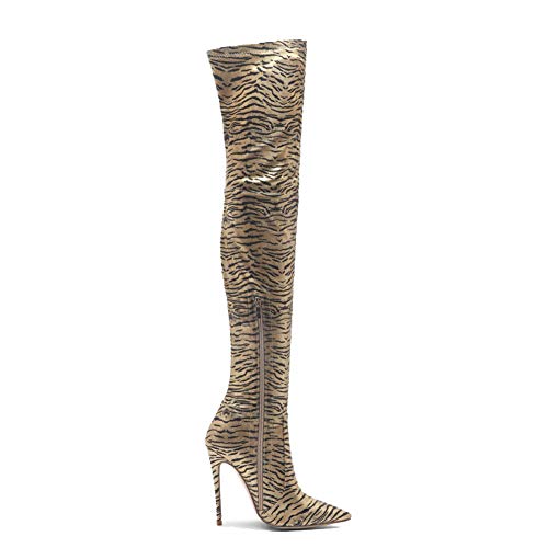 CJCJ-LOVE Botas Sexys para Damas, Botas por Encima De La Rodilla con Estampado De Tigre, Tacones De Aguja con Cremallera Lateral Puntiaguda, Botas Elásticas hasta El Muslo,Oro,43EU