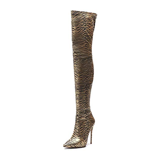 CJCJ-LOVE Botas Sexys para Damas, Botas por Encima De La Rodilla con Estampado De Tigre, Tacones De Aguja con Cremallera Lateral Puntiaguda, Botas Elásticas hasta El Muslo,Oro,43EU