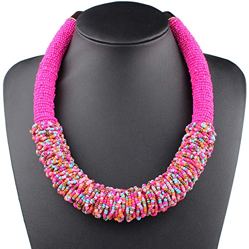 Claire Jin Corto Mujer Collar Bohemio Pequeñas Perlas Collares Moda Joyería Étnica Gargantilla Hecha A Mano Mijo Grano Tejido Mujeres 22 Colores (Fucsia)