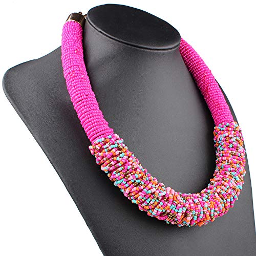 Claire Jin Corto Mujer Collar Bohemio Pequeñas Perlas Collares Moda Joyería Étnica Gargantilla Hecha A Mano Mijo Grano Tejido Mujeres 22 Colores (Fucsia)