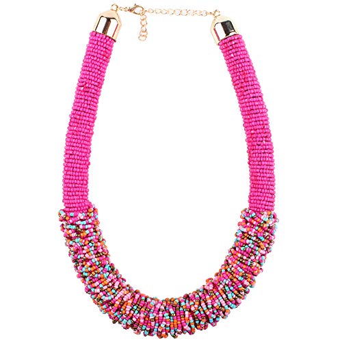 Claire Jin Corto Mujer Collar Bohemio Pequeñas Perlas Collares Moda Joyería Étnica Gargantilla Hecha A Mano Mijo Grano Tejido Mujeres 22 Colores (Fucsia)