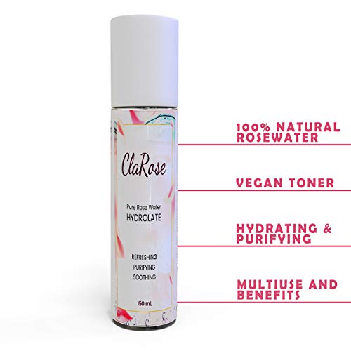 ClaRose 100% Natural Rose Water, Hydrating and Purifying Vegan Toner; 2x 150ml