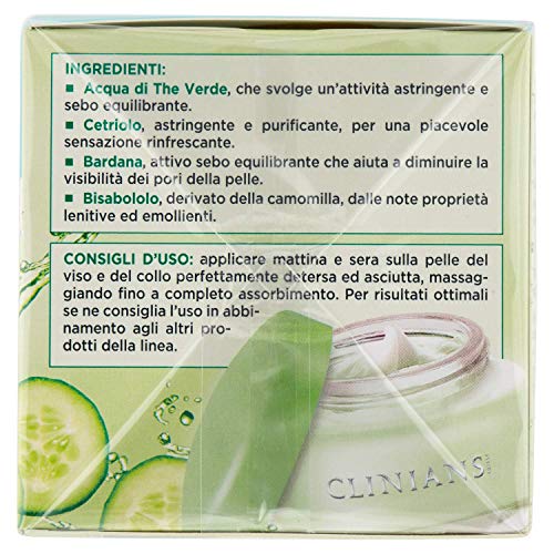 CLINIANS HYDRA PLUS crema-gel facial hidratante opacificante para pieles mixtas o grasas, con Pepino y Agua de Té Verde, 50 mL