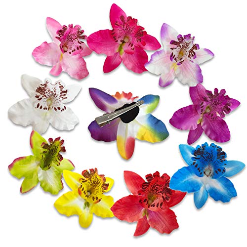 Clips de Pelo de Flor,Pinzas Hawaianas de Flores,10 Horquillas para el Pelo con Diseño Flores Multicolor de Doble Orquídea,Clip de Pelo de Flor Rosa Wedding Nupcial Beach Suministros de Decoración