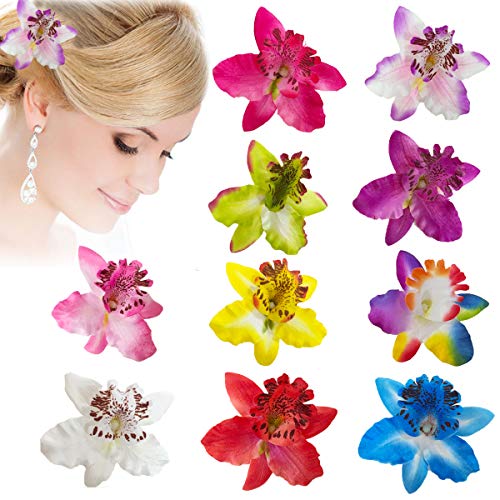 Clips de Pelo de Flor,Pinzas Hawaianas de Flores,10 Horquillas para el Pelo con Diseño Flores Multicolor de Doble Orquídea,Clip de Pelo de Flor Rosa Wedding Nupcial Beach Suministros de Decoración
