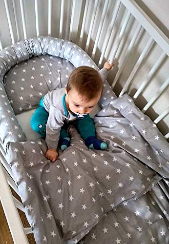 cojin protector cuna - chichonera bebe cuna Blanco con estrellas grises 180 x 30 cm