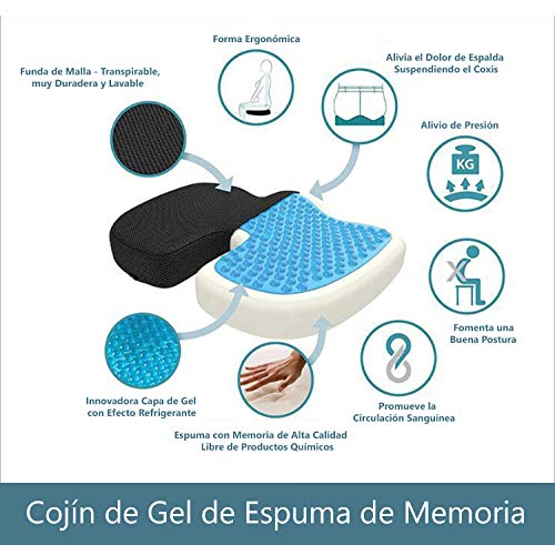 Cojín Viscoelástico para Alivio de Hemorroides, Ciática, Coxis y Espalda con Gel Disipador de Calor. Incluye 2 fundas extraibles. Ideal para conductores, oficina, silla de ruedas, casa.