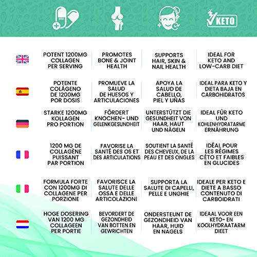 Colágeno Marino y Ácido Hialurónico 1200mg para Dieta Keto | Suplemento con Vitamina C para Articulaciones, Huesos, Piel, Cabello y Uñas, Suplemento Antiarrugas Con Coenzima Q10, 90 Cápsulas