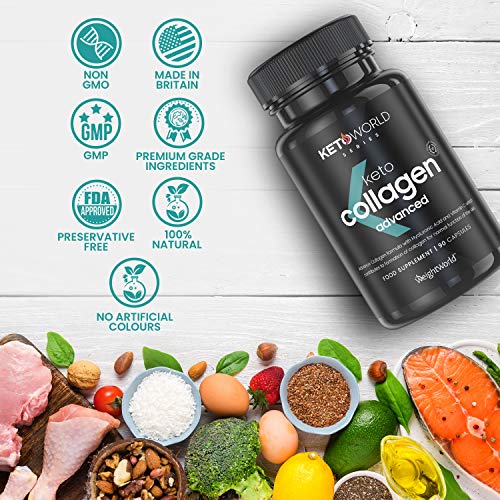 Colágeno Marino y Ácido Hialurónico 1200mg para Dieta Keto | Suplemento con Vitamina C para Articulaciones, Huesos, Piel, Cabello y Uñas, Suplemento Antiarrugas Con Coenzima Q10, 90 Cápsulas
