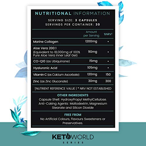 Colágeno Marino y Ácido Hialurónico 1200mg para Dieta Keto | Suplemento con Vitamina C para Articulaciones, Huesos, Piel, Cabello y Uñas, Suplemento Antiarrugas Con Coenzima Q10, 90 Cápsulas