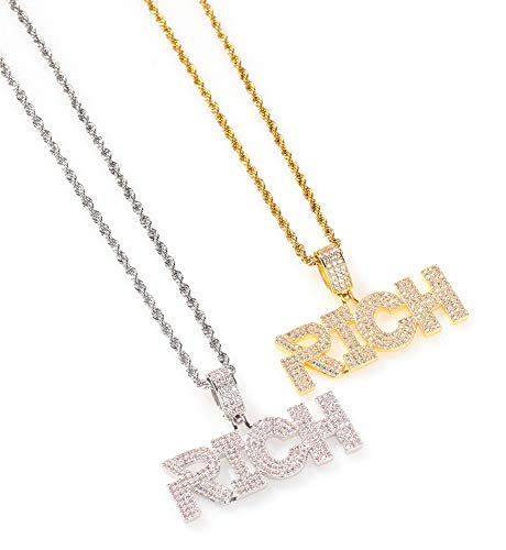 Colgante + collar para hombre y mujer Hip Hop Inglés alfabeto Rico colgante regalo cadena de 24 pulgadas / oro plata joyería, 123, dorado, Size