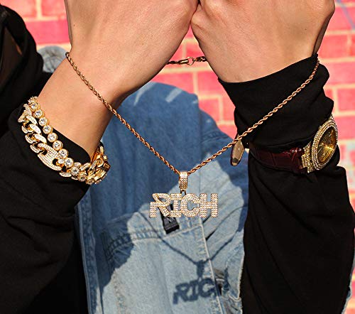 Colgante + collar para hombre y mujer Hip Hop Inglés alfabeto Rico colgante regalo cadena de 24 pulgadas / oro plata joyería, 123, dorado, Size