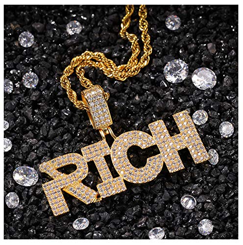 Colgante + collar para hombre y mujer Hip Hop Inglés alfabeto Rico colgante regalo cadena de 24 pulgadas / oro plata joyería, 123, dorado, Size