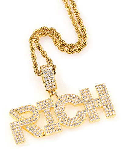 Colgante + collar para hombre y mujer Hip Hop Inglés alfabeto Rico colgante regalo cadena de 24 pulgadas / oro plata joyería, 123, dorado, Size