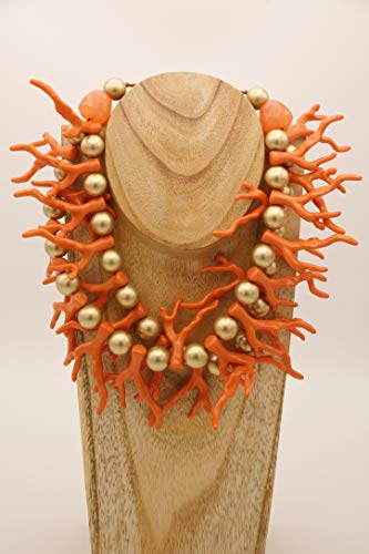 Collar Corto o Gargantilla de Dos Vueltas de imitación Coral y Bolas Doradas. Una Pieza de bisutería Que será un Regalo Original para Mujeres Que Les Gusta la Moda. (Coral Naranja)