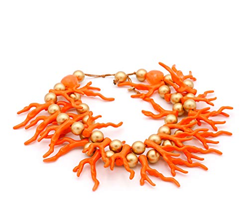 Collar Corto o Gargantilla de Dos Vueltas de imitación Coral y Bolas Doradas. Una Pieza de bisutería Que será un Regalo Original para Mujeres Que Les Gusta la Moda. (Coral Naranja)