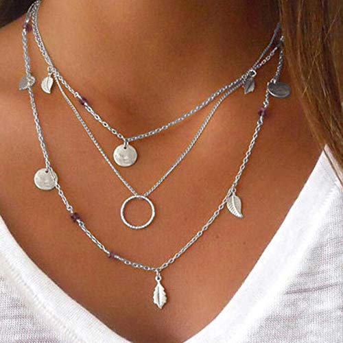Collar de múltiples capas de plata para mujer con colgante de hoja para Niña, 3 filas personalizadas Hojas rebanadas Joyería de moda Collar boho Gargantilla Regalo de cumpleaños para novia Madre joven