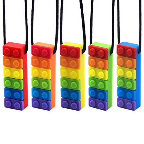 Collar sensorial para masticar, paquete de 5 colgantes de silicona de color arcoíris para masticar para masticar juguetes para bebés con dentición,autismo TDAH SPD,motor oral,ansiedad, niños autistas