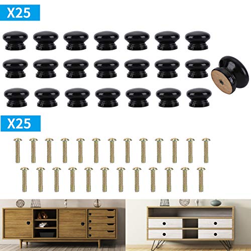 Colmanda Pomos para Cajones, 25 Piezas Tiradores de Cajón Forma de Hongo Pomo Madera Tiradores de Muebles con Tornillo Pour Mueble Armario Puerta Tiradores Manijas (Negro)