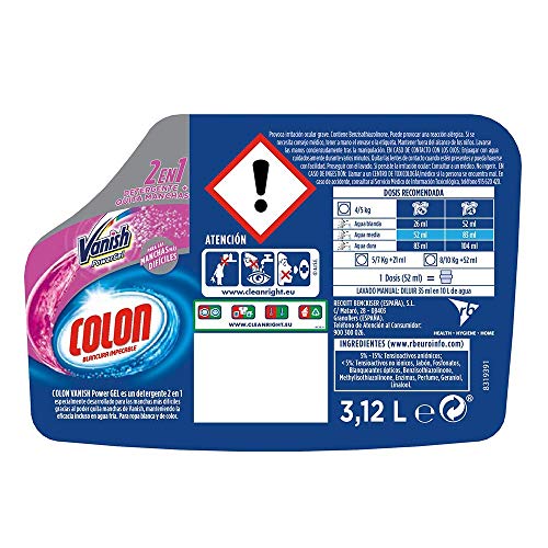 Colon Vanish Powergel - Detergente para lavadora con quitamanchas, adecuado para ropa blanca y de color, formato gel - 60 dosis