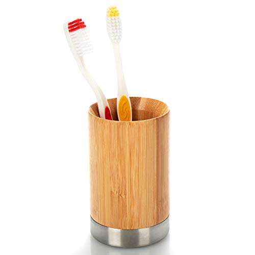 com-four® Porta cepillos de Dientes de bambú - Organizador de cepillos de Dientes de Madera y Acero Inoxidable - Almacenamiento Decorativo para el Cepillo y la Pasta de Dientes