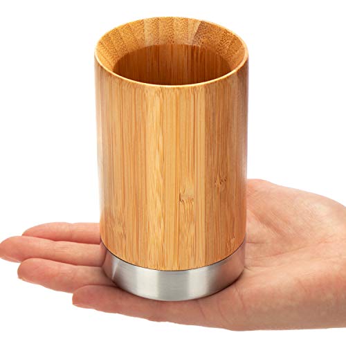 com-four® Porta cepillos de Dientes de bambú - Organizador de cepillos de Dientes de Madera y Acero Inoxidable - Almacenamiento Decorativo para el Cepillo y la Pasta de Dientes