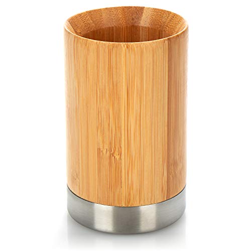 com-four® Porta cepillos de Dientes de bambú - Organizador de cepillos de Dientes de Madera y Acero Inoxidable - Almacenamiento Decorativo para el Cepillo y la Pasta de Dientes