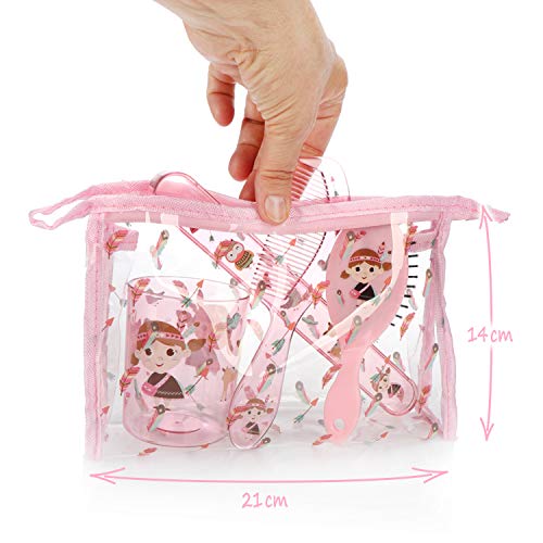 com-four® Set de Viaje de 5 Piezas para niños: Bolsa de Transporte con Taza de Cepillo de Dientes, Estuche de Cepillo de Dientes, Peine y Cepillo para niñas (Indio con Bolsa/Rosa - 05 Piezas)