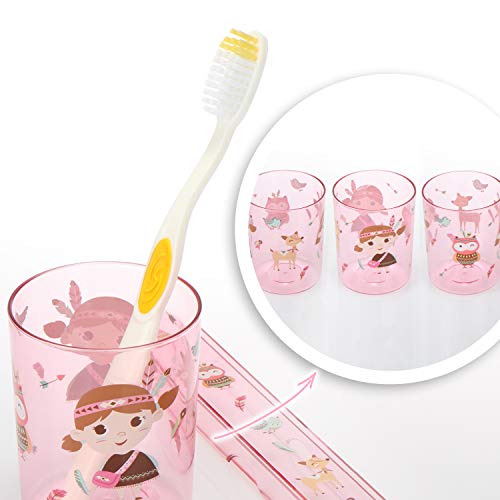 com-four® Set de Viaje de 5 Piezas para niños: Bolsa de Transporte con Taza de Cepillo de Dientes, Estuche de Cepillo de Dientes, Peine y Cepillo para niñas (Indio con Bolsa/Rosa - 05 Piezas)