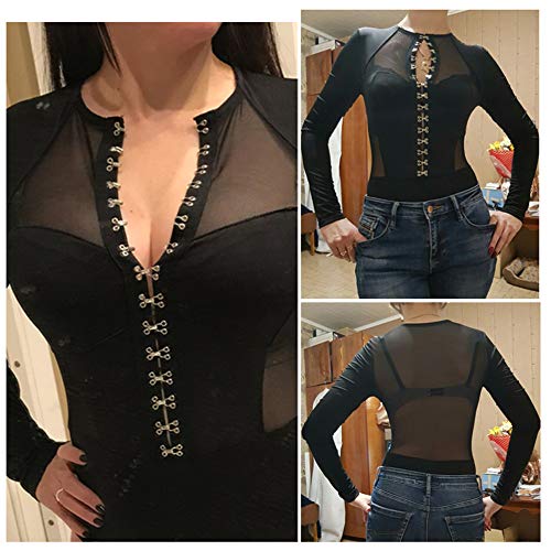 comeondear Bodis para Mujer Negro Sexy Transparente Escote V de Manga Larga Ajustados