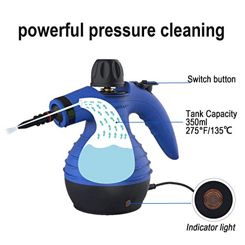 Comforday Limpiador Vapor Mano, Limpiador de Vapor Portátil de Usos Múltiples con 9 Accesorios para Quitar Manchas, Alfombras, Cortinas, Asientos de Auto, Cocina, Piso, Baño