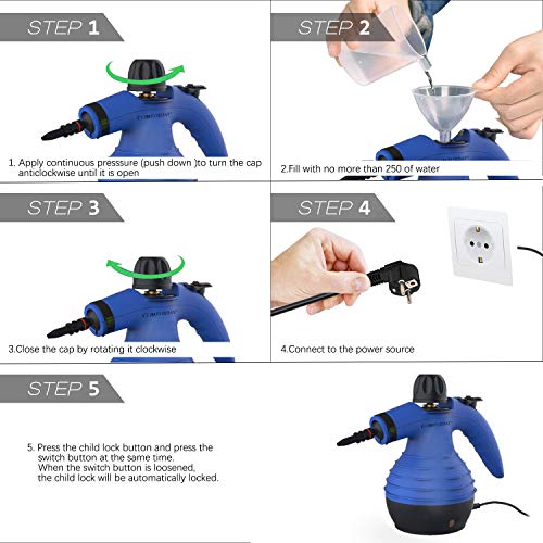 Comforday Limpiador Vapor Mano, Limpiador de Vapor Portátil de Usos Múltiples con 9 Accesorios para Quitar Manchas, Alfombras, Cortinas, Asientos de Auto, Cocina, Piso, Baño