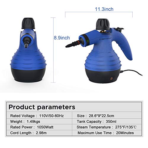 Comforday Limpiador Vapor Mano, Limpiador de Vapor Portátil de Usos Múltiples con 9 Accesorios para Quitar Manchas, Alfombras, Cortinas, Asientos de Auto, Cocina, Piso, Baño