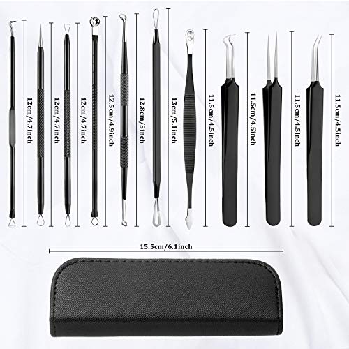 Comius Sharp 10 Piezas Kit de Eliminación de Puntos Negros, Kit Removedor de Espinillas de Acero Inoxidable Profesional con Funda de Cuero, para Eliminar Puntos Blancos (Negro)