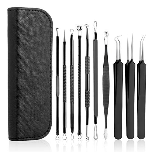 Comius Sharp 10 Piezas Kit de Eliminación de Puntos Negros, Kit Removedor de Espinillas de Acero Inoxidable Profesional con Funda de Cuero, para Eliminar Puntos Blancos (Negro)