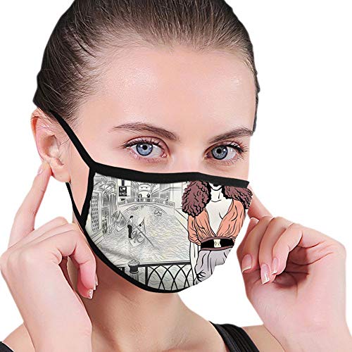 Cómoda cubierta de cara a prueba de viento, chica joven en puente sobre el canal con góndolas Sketch Art Italia City, decoraciones faciales impresas para hombre y mujer