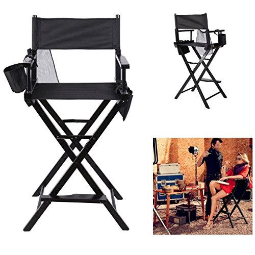 COMOTS Silla de Maquillaje Plegable Portátil Profesional Resistente Silla de Dirección Ligera de Madera Maciza Silla de Artista Plegable con Bolsas Laterales Negro