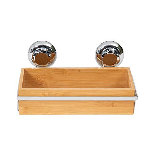 Compactor Estantería para el baño, Fijación con ventosas, Hasta 12 kg, Bambú y Acero Antioxidante, 27.6 x 14.8 x H.12.7 cm, RAN5807, Cromado/Bamboo, No aplicable