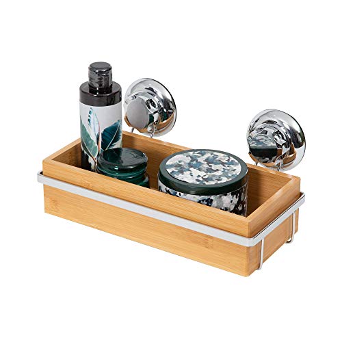 Compactor Estantería para el baño, Fijación con ventosas, Hasta 12 kg, Bambú y Acero Antioxidante, 27.6 x 14.8 x H.12.7 cm, RAN5807, Cromado/Bamboo, No aplicable