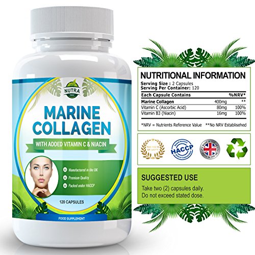 Complejo de Colágeno Marino, suplemento antiarrugas de alta concentración con niacina y vitamina C. Para mayor elasticidad y aspecto rejuvenecido en pieles cansadas -120 cápsulas