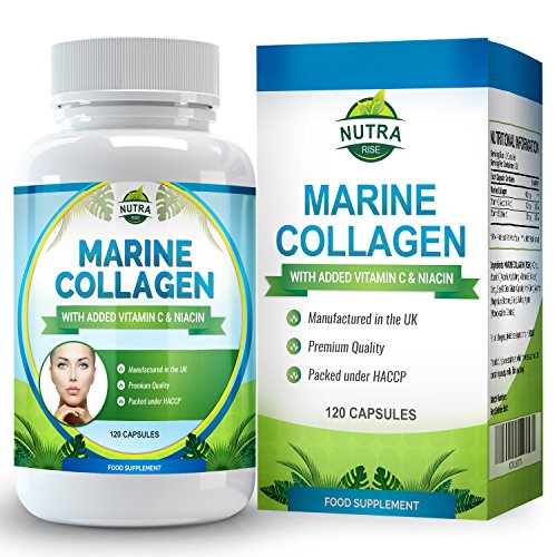 Complejo de Colágeno Marino, suplemento antiarrugas de alta concentración con niacina y vitamina C. Para mayor elasticidad y aspecto rejuvenecido en pieles cansadas -120 cápsulas
