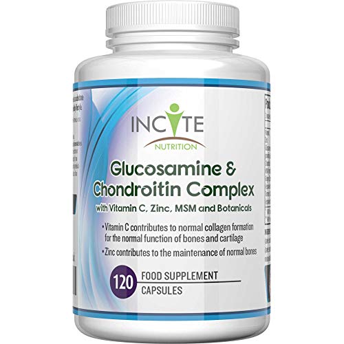 Complejo de Glucosamina y Condroitina con MSM - Vitamina C Zinc - Jengibre - Curcumina de Cúrcuma | 120 cápsulas de primera calidad | Hecho en el Reino Unido por Incite Nutrition®.