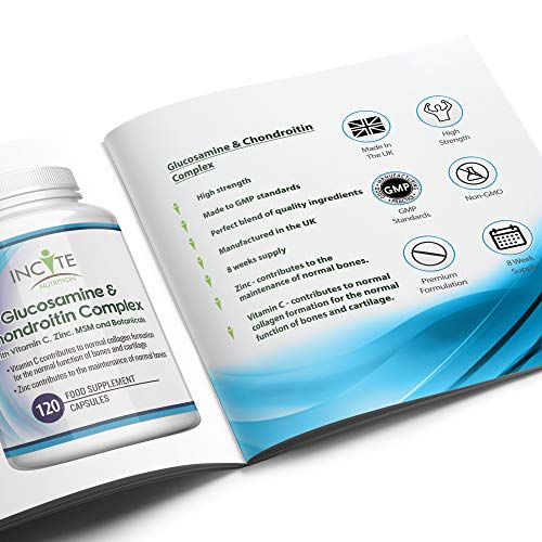Complejo de Glucosamina y Condroitina con MSM - Vitamina C Zinc - Jengibre - Curcumina de Cúrcuma | 120 cápsulas de primera calidad | Hecho en el Reino Unido por Incite Nutrition®.